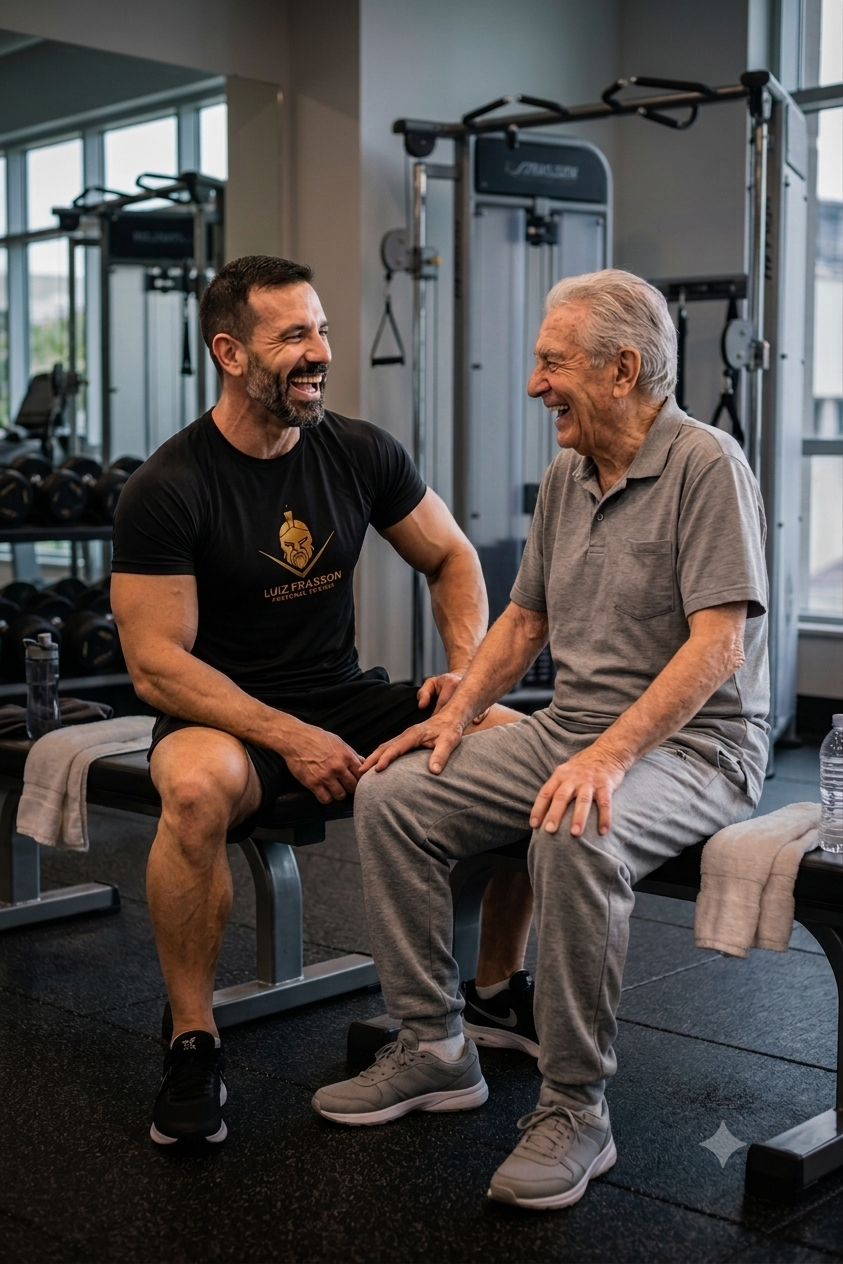 Luiz conversando com aluno idoso na academia