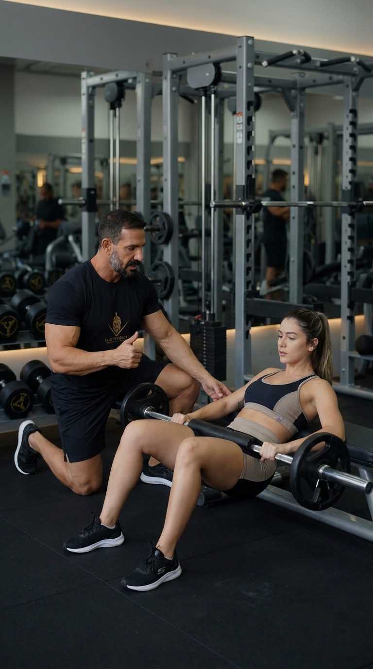 Aluna executando hip thrust com acompanhamento técnico